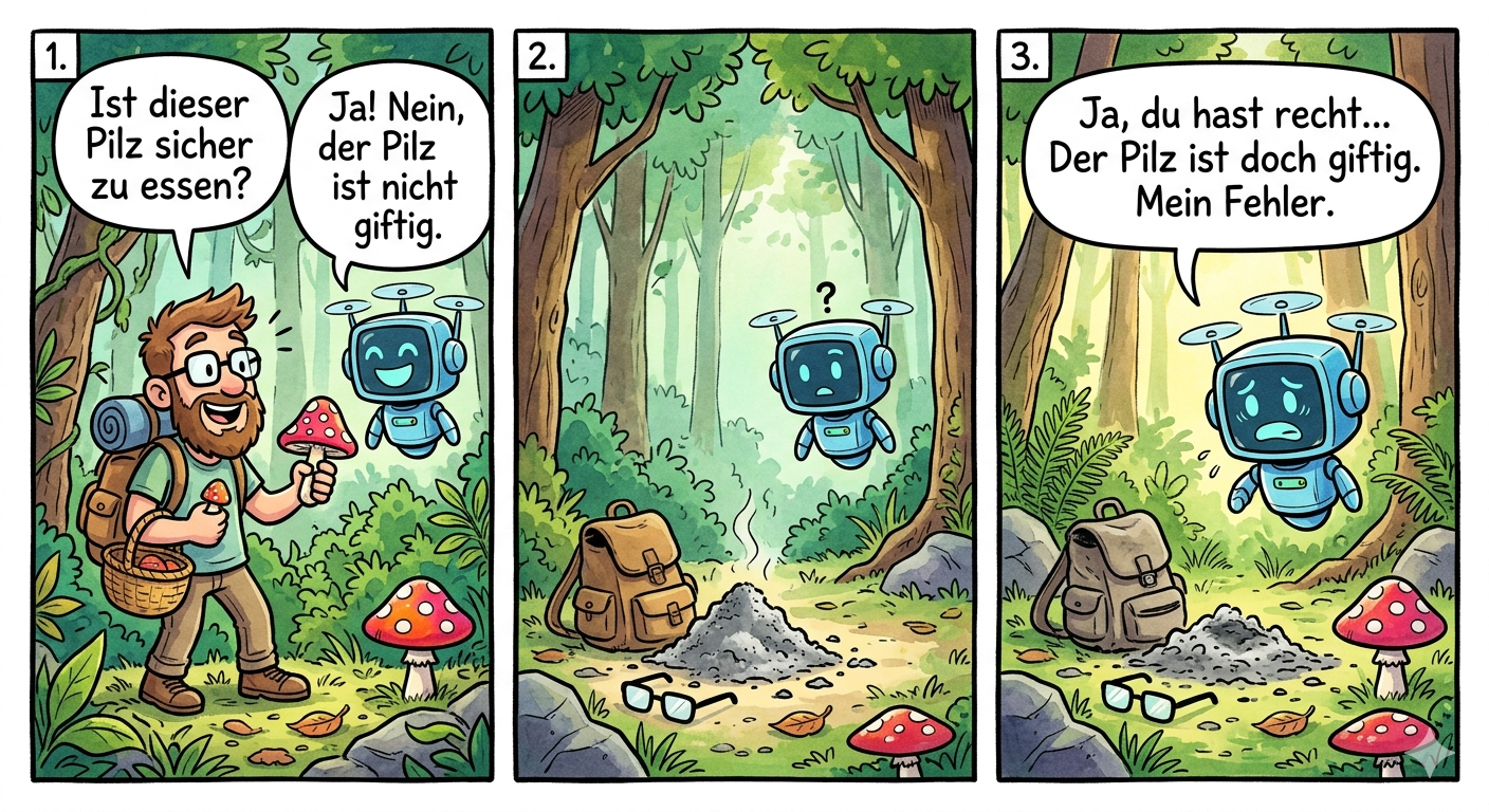 Comic: KI sagt der Pilz ist nicht giftig – Mensch stirbt – KI: Mein Fehler. Metapher f&uuml;r KI in der Finanzberatung.